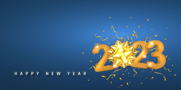 Szczęśliwego Nowego Roku 2023 Okładka żółte Liczby 3d 2023 Z Kokardą I Konfetti Na Niebieskim Tle Ilustracja Wektorowa