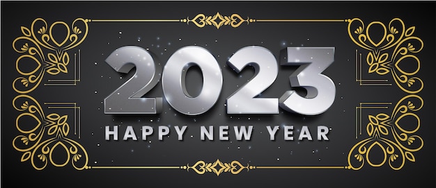 Plik wektorowy szczęśliwego nowego roku 2023 srebrny złoty efekt tekstowy projekt transparentu wektor edytowalny projekt