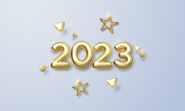 Plik wektorowy szczęśliwego nowego roku 2023 wakacyjna ilustracja złotych metalicznych liczb 2023 i ozdobnych kształtów