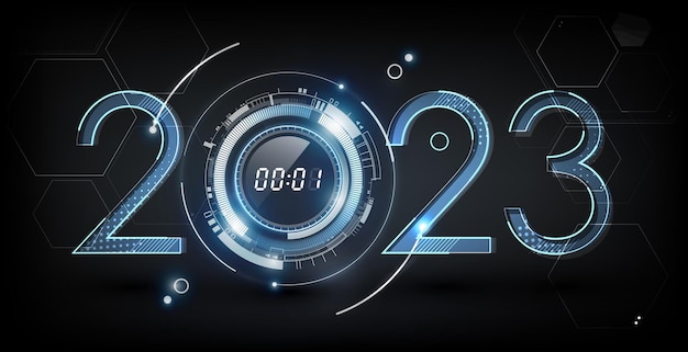 Plik wektorowy szczęśliwego nowego roku 2023 z abstrakcyjnym zegarem cyfrowym na tle futurystycznej technologii.