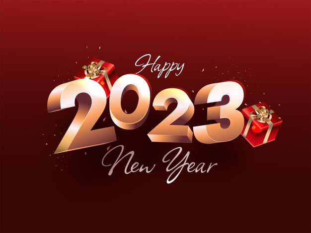 Szczęśliwego nowego roku 2023 złote cyfry w stylu 3d z czerwonymi złotymi pudełkami na czerwonym tle gradientu
