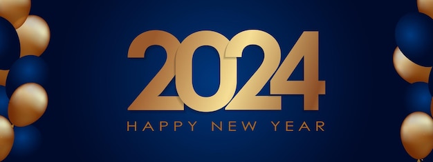 Plik wektorowy szczęśliwego nowego roku 2024 elegancki złoty tekst z balonami i konfetti realistyczna ilustracja wektorowa