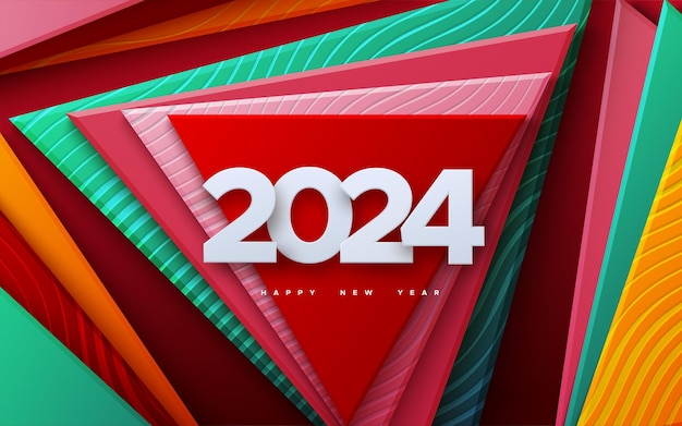 Szczęśliwego Nowego Roku 2024 Ilustracja Wektorowa Wakacji Białe Cyfry 2024 Kolorowe Tło Geometryczne Baner świątecznego Wydarzenia Papierowe Kształty Z Wygrawerowanym Falistym Wzorem Projekt Plakatu Lub Okładki