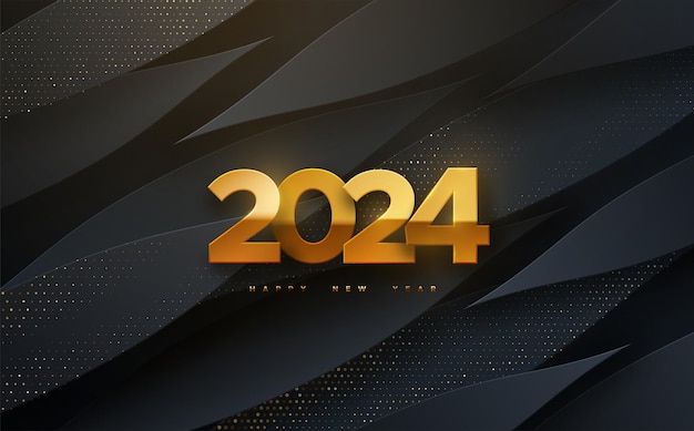 Plik wektorowy szczęśliwego nowego roku 2024 ilustracja wektorowa wakacji złote liczby 2024 na czarnym tle teksturowanym z połyskującymi błyskotkami baner świątecznego wydarzenia nowoczesny projekt okładki