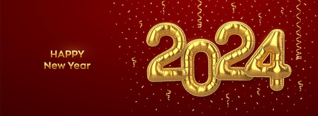 Szczęśliwego Nowego Roku 2024 Karta Powitalna 3d Złota Folia Balon Z Helem Numery 2024 Na Czerwonym Tle