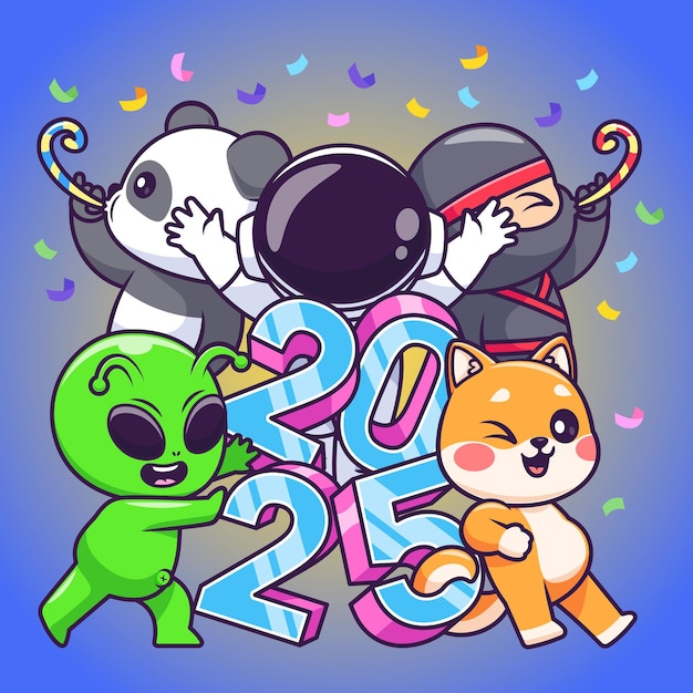 Szczęśliwego Nowego Roku 2025 Uczestnicz w Cartoon Vector Icon Illustration Holiday People Icon Isolated Flat