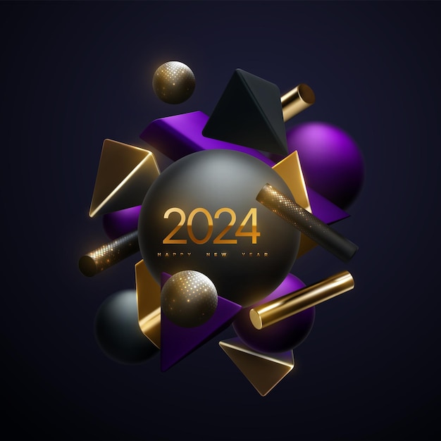 Szczęśliwego Nowego Roku Wakacje Wektor Ilustracja Złote Liczby I Abstrakcyjne Kształty Geometryczne