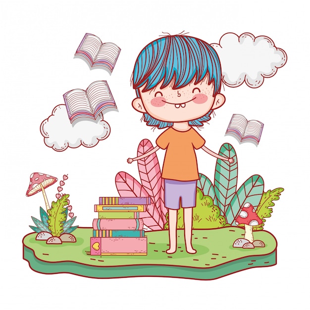 Plik wektorowy szczęśliwej chłopiec czytelnicza książka w ogródzie