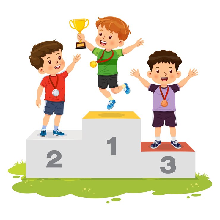 Szczęśliwi chłopcy z medalem stojący na piedestale zwycięzców sportowych i trzymający trofeum
