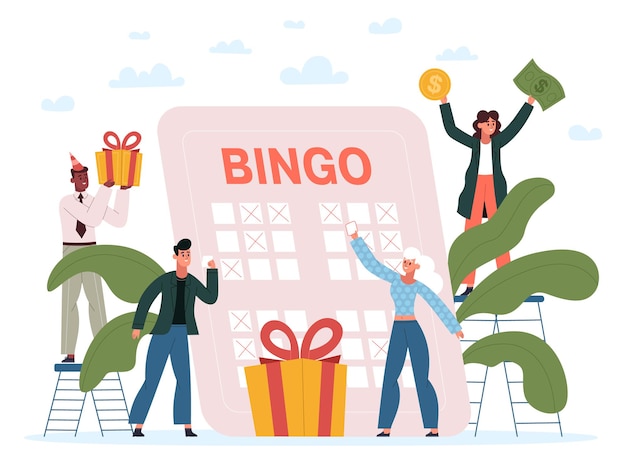 Szczęśliwi ludzie grają w lotto, koncepcja gier hazardowych bingo. Ilustracja wektorowa szczęśliwych graczy Bingo lub lotto loterii. Rozrywka na loterii hazardowej