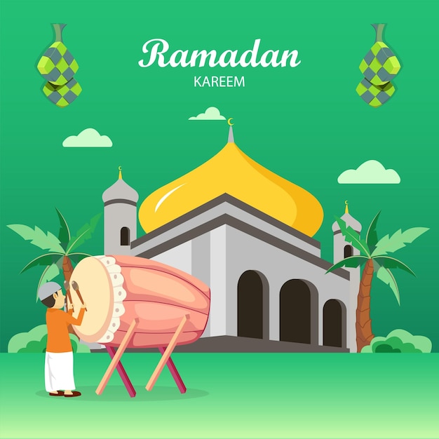 Szczęśliwi Ludzie Muzułmanie świętują Ramadan Kareem Z Ilustracji Wektorowych Bedug Lub Bębna