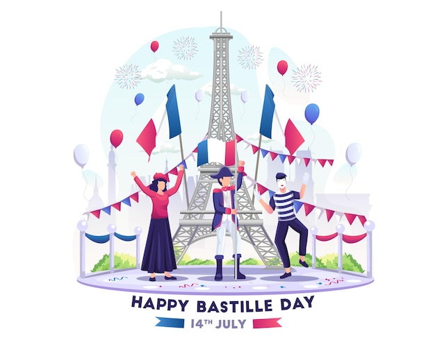 Szczęśliwi Ludzie świętują Dzień Bastylii 14 Lipca święto Narodowe Francji Ilustracja