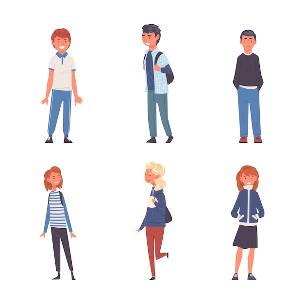 Szczęśliwi nastolatkowie w nowoczesnych ubraniach casual ustawiają ilustrację wektorową kreskówek