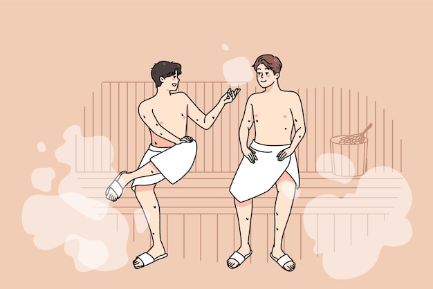 Szczęśliwi przyjaciele płci męskiej odpoczywają razem w saunie