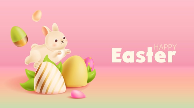 Plik wektorowy szczęśliwy banner wielkanocny z królikiem i pomalowanymi jajkami w krzakach realistyczne elementy projektowe