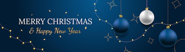 Szczęśliwy Boże Narodzenie i Szczęśliwy Nowy Rok wektorowy baner Realistyczne różowe złoto i niebieskie baubles płatki śniegu wiszące na ciemno niebieskim tle z realistycznym girlandą i konfetti Tło złota ikona Bożego Narodzenia