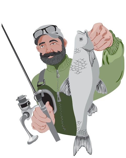 Plik wektorowy szczęśliwy brodaty rybak trzyma jego wędkę i ryba. na sobie zielony sweter