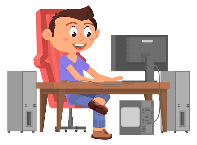 Szczęśliwy Chłopiec Grający Na Komputerze Postać Gracza Z Kreskówek