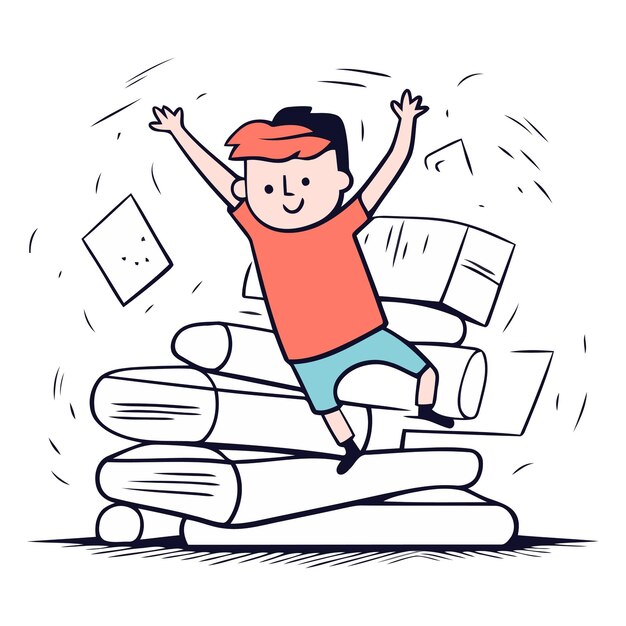 Plik wektorowy szczęśliwy chłopiec skaczący na stos książek w stylu szkicu