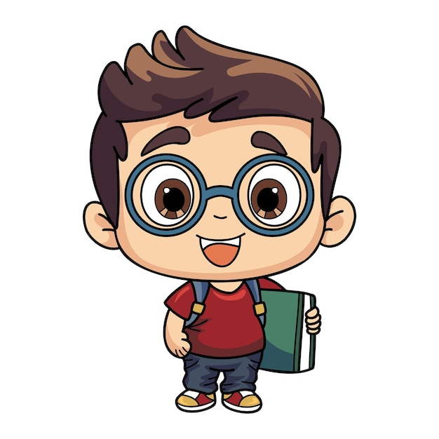 Szczęśliwy chłopiec trzymający ilustrację książkową w stylu doodle