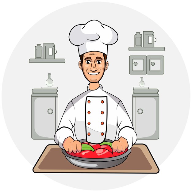 Plik wektorowy szczęśliwy człowiek gotuje i przygotowuje jedzenie z warzyw