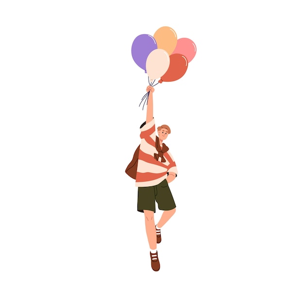 Szczęśliwy człowiek latający z balonami Beztroski młody marzyciel trzymający balony z heliem unoszące się w locie powietrznym Wolność zabawa i przygoda koncepcja płaska ilustracja wektorowa izolowana na białym tle