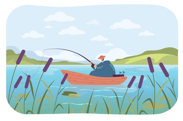 Szczęśliwy Człowiek łowiący Ryby W łodzi Płaskiej Ilustracji