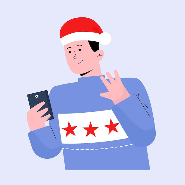 Szczęśliwy Człowiek Machający Podczas Rozmowy Wideo Przez Inteligentny Telefon Na Boże Narodzenie