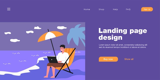 Szczęśliwy Człowiek Pracujący Zdalnie Na Plaży. Pracownik Z Laptopa Siedząc Na Krześle Przez Morze Płaskie Wektor Ilustracja. Freelancing, Praca Zdalna, Koncepcja Wakacji Na Baner, Projekt Strony Internetowej Lub Landing Page