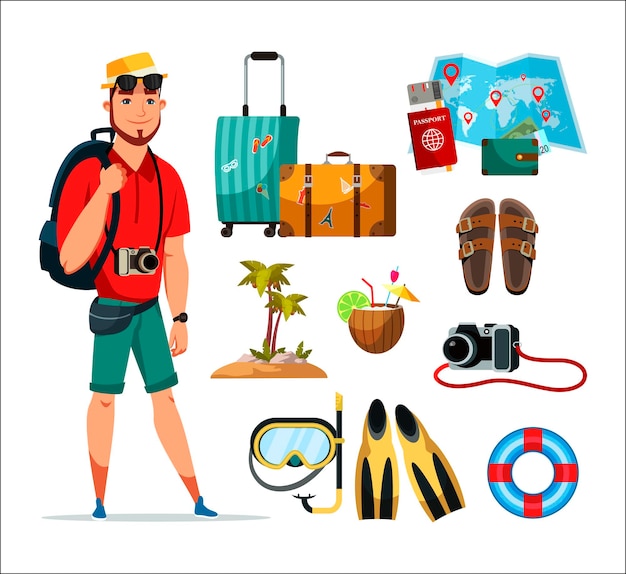 Plik wektorowy szczęśliwy człowiek turysta z plecakiem aparat kapelusz okulary przeciwsłoneczne zestaw akcesoriów podróżnych torby bagażowe mapa paszport bilety plaża z palmowymi sandałami koktajl przybory do pływania