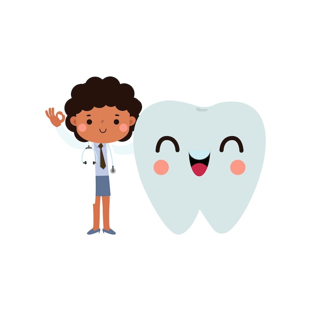Szczęśliwy Dentysta Z Postacią Z Zębami ładna Ilustracja Wektorowa W Stylu Kreskówki Na Białym Tle