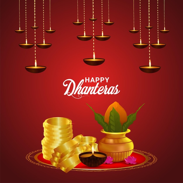 Szczęśliwy Dhanteras Indian Festival Obchody Kartkę Z życzeniami Z Puli Złotej Monety