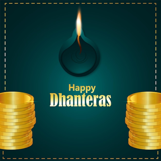 Szczęśliwy Dhanteras Indyjski Festiwal Z życzeniami Ze Złotą Monetą I Diwali Diya