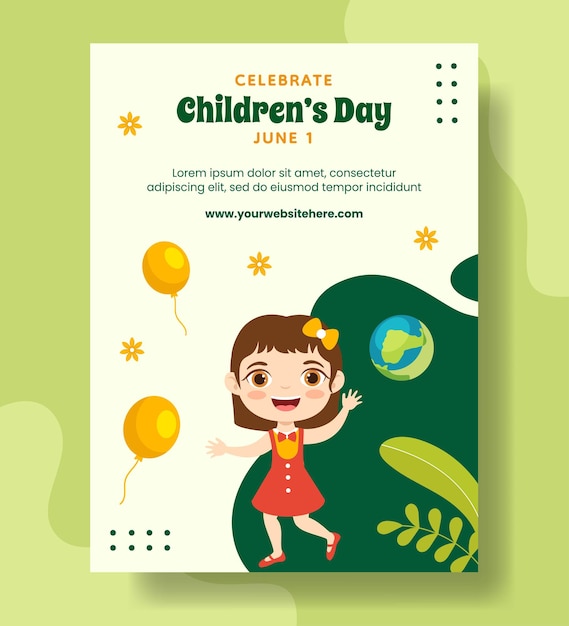 Szczęśliwy Dzień Dziecka Pionowy Plakat Płaski Kreskówka Ręcznie Rysowane Szablony Tło Ilustracja
