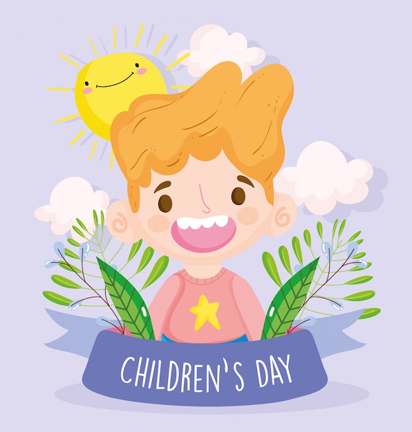 Plik wektorowy szczęśliwy dzień dziecka, uśmiechnięty chłopiec z liści słonecznej wstążki ilustracji wektorowych