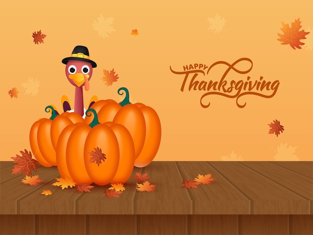 Szczęśliwy dzień Dziękczynienia koncepcja z ilustracji kreskówka ptak Turcja, błyszczące dynie, liście klonu na żółtym i brązowym tle drewnianych.