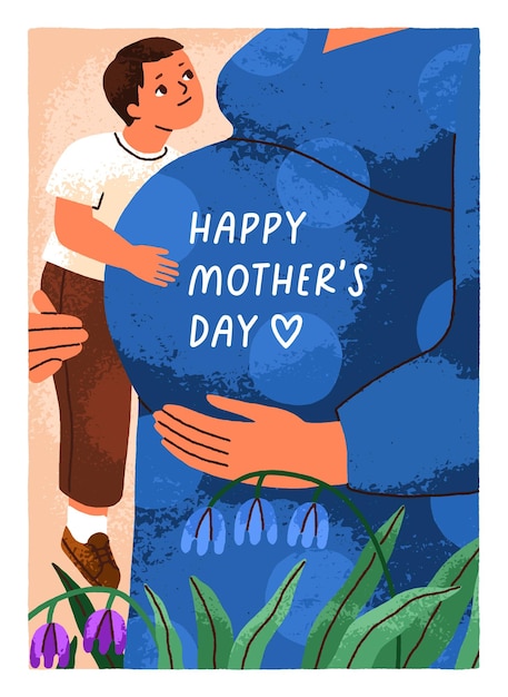 Plik wektorowy szczęśliwy dzień matki, design kartki powitalnej z kobietą w ciąży, dzieckiem i ciężarnym brzuchem, mama spodziewająca się dziecka, delikatna pocztówka z synem i matką, miłość, opieka, ilustracja wektorowa.