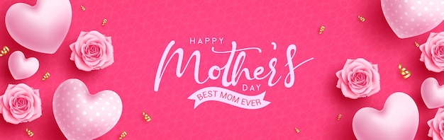 Szczęśliwy Dzień Matki Tekst Wektor Projekt. Typografia Dnia Matki W Różowej Przestrzeni Z Balonami Serca