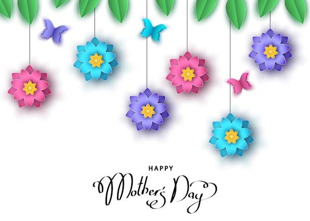 Szczęśliwy Dzień Matki Transparent Z Papieru Wyciąć Kwiaty Motyle Napis Lato Lub Wiosna Sezon Kwiatowy Kolorowe Tło Dla Plakat Z życzeniami Ilustracji Wektorowych