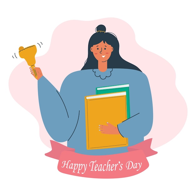 Szczęśliwy Dzień Nauczyciela Koncepcja śliczna Kobieta Z Dzwonkiem Szkolnym I Książkami W Dłoniach Płaska Ilustracja