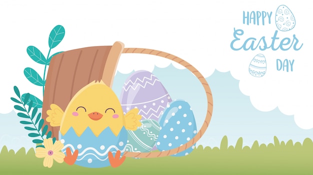 Szczęśliwy Dzień Wielkanocy, Skorupka Jajka Z Kurczaka Kwitnie Jajka W Koszykowej Trawie