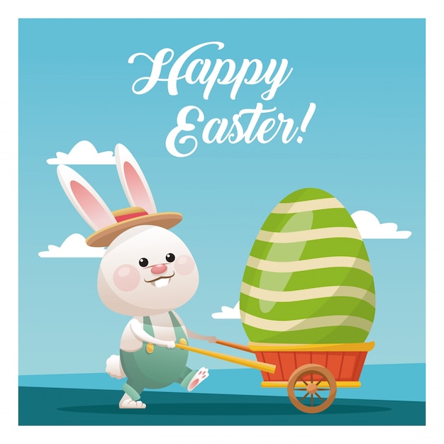Szczęśliwy Easter Królik Niesie Jajecznego Niebieskie Niebo