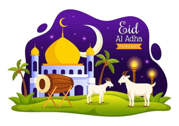 Szczęśliwy Eid Al Adha Mubarak Ilustracja Wektorowa Uroczystości Muzułmanów Z Ofiarnymi Zwierzętami Koza