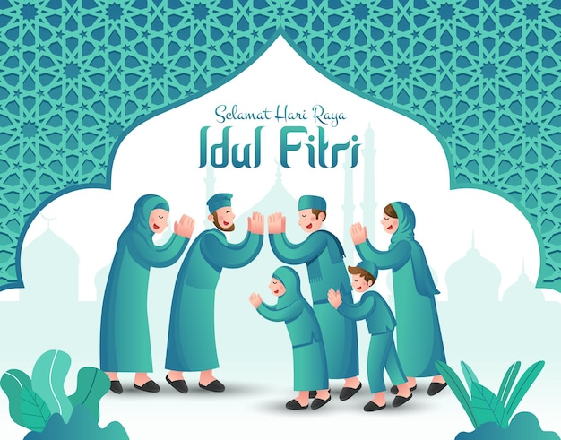 Plik wektorowy szczęśliwy eid mubarak w języku indonezyjskim karikatura muzułmańska rodzina świętująca eid al fitr