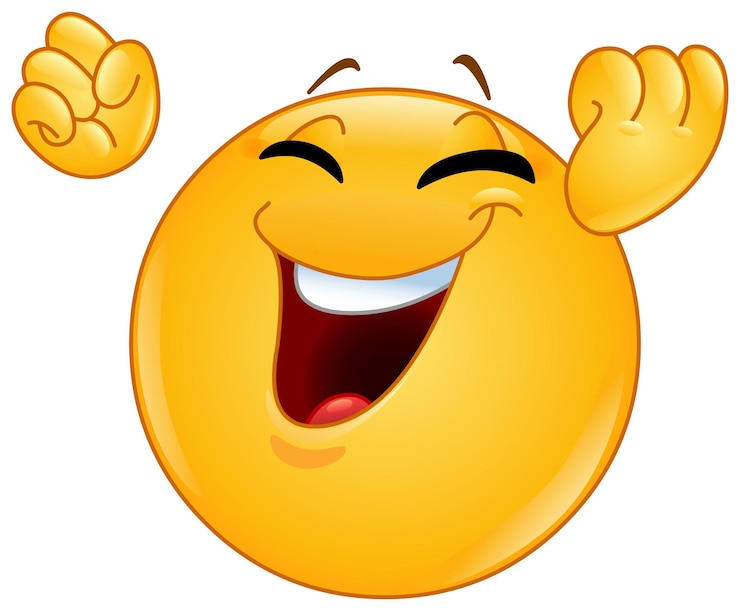 Wektor szczęśliwy emoji podnoszący zciśnięte pięści robiący gest zwycięstwa lub świętowania