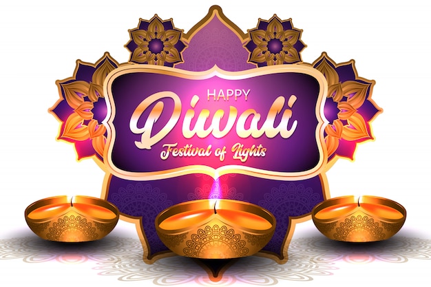 szczęśliwy festiwal diwali świateł z ilustracją złota lampa naftowa