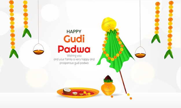 Szczęśliwy gudi padwa kartkę z życzeniami ilustracji wektorowych na obchody Nowego Roku Księżycowego Marathi