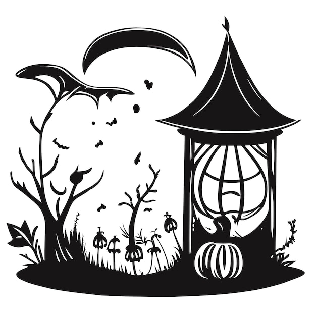 Plik wektorowy szczęśliwy halloween z nocą i przerażającym nawiedzonym zamkiem ręcznie narysowany płaski stylowy naklejka z kreskówek