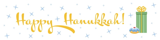 Plik wektorowy szczęśliwy hannukah sezonowy banner z pączkiem z galaretką i pudełkiem podarunkowym