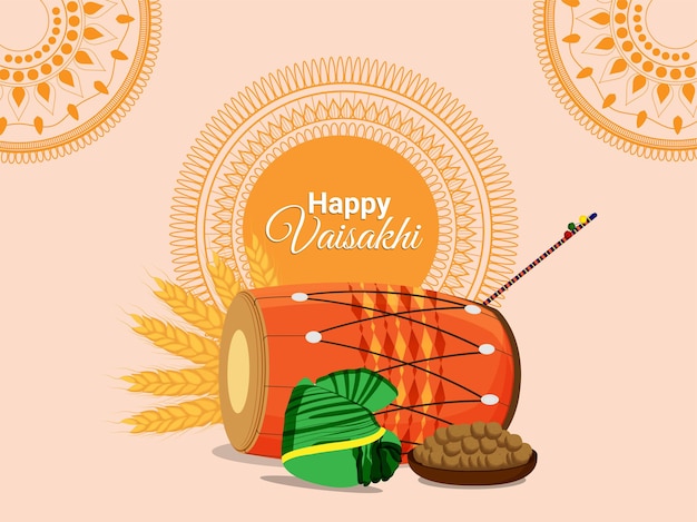 Szczęśliwy Kartkę Z życzeniami Vaisakhi Z Bębnem I Jedzeniem
